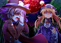 Rule 34 | 2girls, bamboo, bamboo forest, blonde hair, bow, brooch, brown hair, coat, constricted pupils, covering face, dress, e.o., forest, hat, hat bow, hat ribbon, jewelry, long hair, long sleeves, maribel hearn, mob cap, moon, multiple girls, nature, necktie, night, night sky, open mouth, outdoors, purple eyes, red moon, red necktie, red ribbon, ribbon, sky, touhou, usami renko, white bow, wide-eyed, wide sleeves