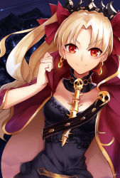 Rule 34 | 1girl, aruti, between breasts, black dress, blonde hair, bow, breasts, cape, closed mouth, commentary request, detached collar, dress, dutch angle, earrings, ereshkigal (fate), fate/grand order, fate (series), hair bow, highres, infinity symbol, jewelry, looking at viewer, medium breasts, necklace, night, night sky, outdoors, parted bangs, red bow, red cape, red eyes, signature, sky, smile, solo, spine, tiara, tohsaka rin, two side up, v-shaped eyebrows