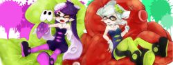 Rule 34 | + +, 2girls, bad id, bad pixiv id, bean bag chair, bike shorts, black hair, brown eyes, callie (splatoon), detached collar, dress, earrings, fangs, food, food on head, gloves, green legwear, grey hair, highres, inkling, jewelry, long hair, looking at viewer, marie (splatoon), mole, mole under eye, multiple girls, nintendo, object on head, octopus, one eye closed, open mouth, outstretched arms, paint splatter, pantyhose, pillow, pointing, pointing up, pointy ears, purple legwear, shiny skin, shoes, short dress, short hair, short jumpsuit, shorts, shorts under skirt, sitting, smile, splatoon (series), splatoon 1, squid, strapless, strapless dress, takanashi keisuke, tentacle hair, white gloves, x x