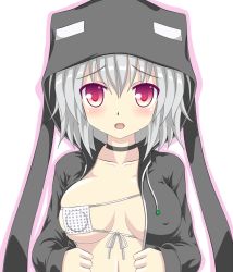 Rule 34 | 1girl, bad id, bad pixiv id, blush, breasts, cleavage, enderman, eyepatch, hood, hoodie, jacket, large breasts, minecraft, noveske n4, open clothes, open jacket, open mouth, personification, red eyes, short hair, silver hair, solo