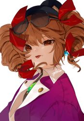 Rule 34 | 1girl, artist name, bad id, bad twitter id, black hat, brown eyes, brown hair, coat, commentary request, drill hair, earrings, eyewear on head, gotou (nekocat), hair between eyes, hair ribbon, hat, highres, jewelry, looking at viewer, mini hat, mini top hat, pendant, purple coat, red ribbon, ribbon, short hair, signature, simple background, solo, sunglasses, tongue, tongue out, top hat, touhou, twin drills, twintails, uneven eyes, upper body, white background, wing collar, yorigami jo&#039;on