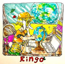 Rule 34 | 1girl, animal ears, book, bookshelf, coffee cup, computer, cup, dango, desk, disposable cup, earth (planet), flat cap, food, from side, globus cruciger, hat, highres, indoors, laptop, looking back, moon, morisshii (morishiey), planet, rabbit ears, ringo (touhou), sitting, space, touhou, ufo, wagashi