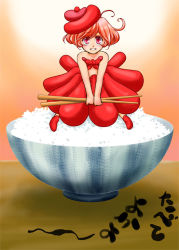 Rule 34 | 1girl, ahoge, bowl, chopsticks, food, food-themed clothes, hairu (690n), hat, karashi mentaiko, original, personification, pink eyes, pink hair, rice, roe, solo