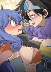 Rule 34 | 4girls, animal ears, armor, belt, belt buckle, bikini armor, black gloves, black hair, blonde hair, blue eyes, blue gemstone, blue hair, blue leotard, blush, breasts, buckle, circlet, cleavage, cloak, commentary request, curly hair, dragon quest, dragon quest iii, earrings, elbow gloves, eye contact, eyelashes, fake animal ears, from side, gem, gloves, hand on another&#039;s chin, heroine (dq3), highres, jester (dq3), jewelry, kabedon, large breasts, leotard, long hair, looking at another, multiple girls, muramasa mikado, open mouth, playboy bunny, priest (dq3), profile, purple hair, rabbit ears, red armor, short hair, shoulder armor, soldier (dq3), stud earrings, surprised, sweatdrop, warrior, wide-eyed, yellow gloves, yuri