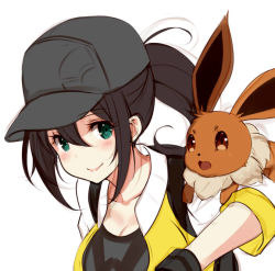 Rule 34 | 1girl, baseball cap, black gloves, black hair, blush, breasts, cleavage, collarbone, creatures (company), eevee, female protagonist (pokemon go), game freak, gen 1 pokemon, gloves, green eyes, hair between eyes, hat, jacket, kujou ichiso, large breasts, nintendo, pokemon, pokemon (creature), pokemon go, ponytail, simple background, sleeves rolled up, smile, white background