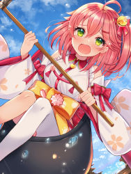 Rule 34 | 1girl, ahoge, bare shoulders, bell, blue sky, cauldron, cherry blossom print, detached sleeves, floral print, getting over it, green eyes, hair bell, hair ornament, highres, holding, hololive, mi taro333, open mouth, paw print, paw print pattern, pink hair, sakura miko, sakura miko (1st costume), sky, solo, tears, virtual youtuber