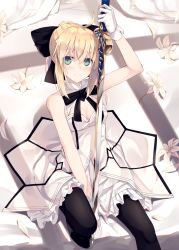 Rule 34 | 1girl, arm up, artoria pendragon (all), artoria pendragon (fate), bare shoulders, between legs, black bow, black thighhighs, blonde hair, blush, bow, breasts, caliburn (fate), cleavage, closed mouth, comma, dress, fate/unlimited codes, fate (series), flower, gloves, green eyes, hair between eyes, hair bow, hand between legs, highres, holding, holding sword, holding weapon, knee up, medium breasts, nagishiro mito, saber lily, short hair, sitting, smile, solo, strapless, strapless dress, sword, thighhighs, weapon, white dress, white flower, white gloves