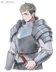 Rule 34 | 1boy, absurdres, armor, breastplate, brown eyes, closed mouth, dungeon meshi, grey hair, highres, holding, holding sword, holding weapon, i monos, laios touden, looking to the side, male focus, plate armor, serious, shirt, short hair, shoulder armor, solo, sword, twitter username, upper body, vambraces, weapon, white background, white shirt