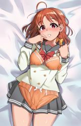 Rule 34 | 1girl, antenna hair, bed sheet, blush, bow, bow bra, bow panties, bra, bra over clothes, braid, braiding hair, collarbone, from above, hair bow, hair ornament, hairclip, hairdressing, highres, igarashi kyouhei, looking at viewer, love live!, love live! sunshine!!, lying, on back, on bed, orange bra, orange hair, orange panties, panties, panties over clothes, panties over skirt, pleated skirt, red eyes, red neckwear, sailor collar, school uniform, short hair, skirt, solo, takami chika, underwear, uniform, yellow bow