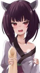Rule 34 | 1girl, amasora taichi, black hair, chikuwa, collarbone, commentary request, flat chest, food, headgear, heart, heart-shaped pupils, highres, holding, holding food, japanese clothes, kimono, looking at viewer, obi, off shoulder, open mouth, purple sash, red eyes, sash, simple background, smile, solo, symbol-shaped pupils, touhoku kiritan, upper body, voiceroid, white background, wide sleeves