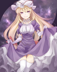 Rule 34 | 1girl, blonde hair, blush, bow, breasts, clothes lift, detached collar, dress, dress lift, elbow gloves, gap (touhou), gloves, hair bow, hat, hat ribbon, highres, long hair, looking at viewer, mob cap, puffy short sleeves, puffy sleeves, purple background, purple dress, purple theme, ribbon, ribbon trim, sakana-ko, short sleeves, simple background, smile, solo, space, thighhighs, thighs, touhou, underbust, very long hair, white gloves, white thighhighs, yakumo yukari