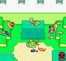 4boys 4girls animated animated_gif birdo blonde_hair bouncing_breasts breasts cabbie_hat clothed_male_nude_female colored_skin creature crown dinosaur facial_hair fellatio gloves grass green_headwear green_skin green_sweater hat hetero interspecies kneeling lady_lima large_breasts luigi mario mario_&amp;_luigi:_superstar_saga mario_&amp;_luigi_rpg mario_(series) mature_female mayin multiple_boys multiple_girls mustache nintendo nipples nude on_floor on_ground oral outdoors pea_(mario) penis pixel_art prince_peasley princess_peach purple_hair purple_pubic_hair queen_bean red_headwear red_sweater sex sex_from_behind size_difference sweater tagme toadsworth uncensored unworn_clothes what white_gloves