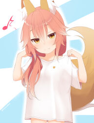 Rule 34 | 1girl, aged down, animal ear fluff, animal ears, blue background, blush, breasts, brown eyes, closed mouth, commentary request, eighth note, fang, fang out, fate/extra, fate (series), fox ears, fox girl, fox tail, hair between eyes, hands up, haryuu (poetto), highres, long hair, musical note, outline, pink hair, shirt, short sleeves, small breasts, smile, solo, tail, tamamo (fate), tamamo no mae (fate/extra), twitter username, two-tone background, very long hair, white background, white outline, white shirt