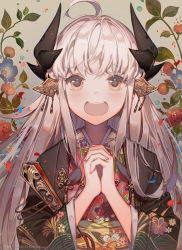 Rule 34 | 1girl, :d, ahoge, commentary request, fate/grand order, fate (series), flower, hand fan, horns, japanese clothes, kawacy, kimono, kiyohime (fate), kiyohime (third ascension) (fate), open mouth, own hands clasped, own hands together, smile, solo, upper body, white hair, yellow eyes