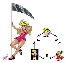 Rule 34 | 10s, 1girl, android, arrow (symbol), bare legs, blonde hair, blue eyes, capcom, cartoon network, diepod, dress, eyebrows, frown, fusion, gainax, hairband, hexafusion, high heels, highres, jewelry, long hair, mandy (billy &amp; mandy), mandy (grim adventures), mega man (classic), mega man (series), necklace, no bra, panty &amp; stocking with garterbelt, panty (psg), pink dress, pink skirt, pole dancing, pumps, red dress, roll (mega man), scythe, short dress, skirt, solo, the grim adventures of billy &amp; mandy