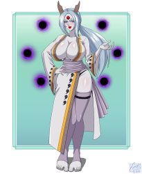 Rule 34 | 1girl, absurdres, albino, alien, ass, barefoot, blush, breasts, byakugan, cleavage cutout, clothing cutout, female focus, hand on own hip, highres, horns, huge ass, japanese clothes, kimono, large breasts, looking at viewer, naruto (series), ootsutsuki kaguya, pale skin, panties, red lips, revealing clothes, rinne sharingan, silver hair, solo, teasing, thick thighs, thighhighs, thighs, third eye, truth-seeking balls, underwear, wide hips