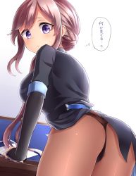 Rule 34 | 1girl, armband, ass, brown hair, brown pantyhose, elbow gloves, fingerless gloves, from behind, gloves, hair up, highres, neit ni sei, original, panties, panties under pantyhose, pantyhose, pantyshot, purple eyes, sidelocks, solo, standing, sweatdrop, thighs, thought bubble, translated, underwear