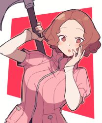 Rule 34 | 1girl, axe, brown hair, covering own mouth, do m kaeru, hand over own mouth, holding, holding axe, long sleeves, okumura haru, parted lips, persona, persona 5, pink sweater, ribbed sweater, short hair, solo, sweater, upper body, wavy hair