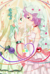 Rule 34 | 2girls, armband, blush, bridal veil, choker, commentary request, crystal, dress, elbow gloves, eye contact, female focus, flower, gloves, green eyes, green hair, heart, highres, incest, interlocked fingers, kanonari, komeiji koishi, komeiji satori, looking at another, medium hair, multiple girls, noses touching, partial commentary, pink hair, red eyes, rose, short hair, siblings, sisters, string, string of fate, third eye, touhou, veil, wedding dress, wife and wife, yuri