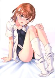 Rule 34 | 1girl, 20s, absurdres, bare legs, bed sheet, blush, breasts, brown eyes, brown hair, collarbone, competition school swimsuit, competition swimsuit, female focus, flower, hair flower, hair ornament, highres, knees to chest, knees up, looking at viewer, loose socks, matching hair/eyes, misaka mikoto, one-piece swimsuit, open mouth, raika9, school swimsuit, shirt, short hair, sitting, small breasts, socks, solo, swimsuit, swimsuit under clothes, toaru kagaku no railgun, toaru majutsu no index, tokiwadai school swimsuit, white background, white shirt, white socks