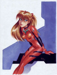 Rule 34 | 1girl, arm support, blue eyes, bodysuit, bracer, breasts, brown hair, bruce timm, closed mouth, covered erect nipples, dated, female focus, gloves, hair between eyes, headgear, leaning forward, legs together, light smile, lips, lipstick, long hair, makeup, neon genesis evangelion, orange hair, pilot suit, plugsuit, red bodysuit, red lips, shadow, shiny clothes, signature, sitting, skinny, small breasts, smile, solo, souryuu asuka langley, traditional media, two side up