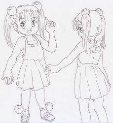 Rule 34 | 1girl, collarbone, dress, glands of montgomery, hair bobbles, hair ornament, highres, index finger raised, long hair, looking at viewer, looking back, marup, monochrome, multiple views, open mouth, sandals, scar, scar on arm, sketch, sleeveless, sleeveless dress, smile, standing, twintails