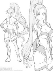 Rule 34 | 1girl, amazon pandora, armored leotard, ass, breasts, cleavage, clothing cutout, gofelem, kid icarus, kid icarus uprising, long hair, medium breasts, navel, navel cutout, nintendo, signature, sketch, solo, tagme, thick thighs, thighs, wide hips