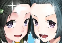 Rule 34 | 2girls, black hair, blonde hair, blue background, blue hair, close-up, forehead, hair ornament, hairclip, ifuji shinsen, kantai collection, looking at viewer, makinami (kancolle), multicolored hair, multiple girls, open mouth, portrait, purple eyes, shirt, simple background, sparkle, suzunami (kancolle), white shirt