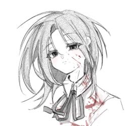 Rule 34 | 1girl, blood, blood on clothes, blood on face, blush, chinese commentary, closed mouth, collared shirt, commentary request, enomoto noa, eyes visible through hair, frown, medium hair, neck ribbon, parted bangs, partial commentary, portrait, ribbon, saibou shinkyoku, shi (survivori), shirt, simple background, sketch, solo, spot color, white background