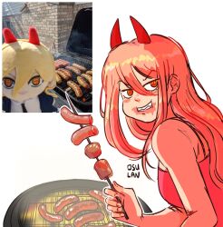 Rule 34 | 1girl, artist name, blonde hair, brown hair, chainsaw man, character doll, cooking, cross-shaped pupils, food, food on face, grilling, horns, kebab, long hair, looking at viewer, osulan, parted lips, photo inset, power (chainsaw man), red horns, sausage, sharp teeth, simple background, smile, symbol-shaped pupils, teeth, white background, yellow eyes