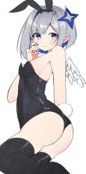 Rule 34 | 1girl, alternate costume, amane kanata, angel wings, animal ears, ass, asymmetrical hair, black hairband, black leotard, black thighhighs, blue hair, blush, breasts, closed mouth, colored inner hair, commentary request, fake animal ears, feathered wings, feet out of frame, film grain, from side, grey hair, hairband, halo, highres, hololive, kuma no bansoukou, legs together, leotard, lying, medium hair, multicolored hair, nail polish, on side, oversized breast cup, playboy bunny, purple nails, rabbit tail, shiny clothes, sideboob, simple background, small breasts, smile, solo, star halo, tail, thighhighs, thighs, virtual youtuber, white background, wings