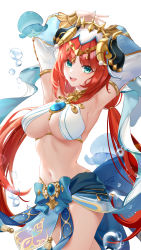 Rule 34 | 1girl, :d, armpits, arms up, blue bow, blue nails, bow, bracer, breasts, brooch, cowboy shot, crop top, dancer, detached sleeves, fungi (genshin impact), genshin impact, gold trim, green eyes, happy, harem outfit, highres, horns, jewelry, liu liaoliao, long sleeves, looking at viewer, low twintails, medium breasts, nail polish, navel, neck ring, nilou (genshin impact), open mouth, parted bangs, puffy long sleeves, puffy sleeves, revealing clothes, see-through, shirt, signature, simple background, sleeveless, sleeveless shirt, smile, solo, stomach, sweat, teeth, thighs, twintails, twitter username, upper teeth only, veil, vision (genshin impact), water drop, white background, white headdress