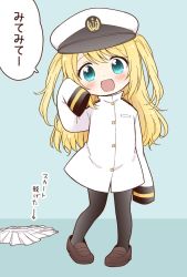 Rule 34 | 1girl, :d, aged down, alternate costume, aqua eyes, atago (kancolle), black pantyhose, blonde hair, child, commentary, cosplay, female admiral (kancolle), female admiral (kancolle) (cosplay), hat, kantai collection, long hair, looking at viewer, migu (migmig), military, military uniform, naval uniform, open mouth, oversized clothes, pantyhose, peaked cap, shoes, skirt, unworn skirt, sleeves past wrists, smile, solo, translated, two side up, uniform, white skirt