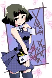 Rule 34 | 1girl, bare shoulders, black hair, breasts, character name, cowboy shot, eighth note, hand up, hys-d, little witch academia, medium breasts, musical note, shao-yi, short hair, sleeveless, solo, thighhighs, zettai ryouiki