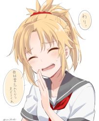 Rule 34 | 1girl, alternate costume, blonde hair, blush, braid, closed eyes, commentary request, embarrassed, facing viewer, fate/grand order, fate (series), french braid, grey sailor collar, hair ornament, hair scrunchie, hand up, ica, mordred (fate), mordred (fate/apocrypha), neckerchief, open mouth, parted bangs, ponytail, red neckerchief, sailor collar, school uniform, scrunchie, serafuku, shirt, short sleeves, simple background, smile, sparkle, sweatdrop, translation request, white background, white shirt