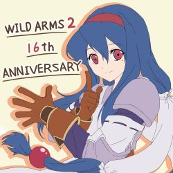 Rule 34 | 1girl, anastasia valeria, armor, armored dress, blue hair, closed mouth, commentary request, dress, gloves, hair ornament, hairband, highres, long hair, looking at viewer, low-tied long hair, red hairband, simple background, solo, twintails, very long hair, wild arms, wild arms 2