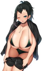 Rule 34 | 1girl, absurdres, bikini, black choker, black hair, black shirt, black shorts, blush, breasts, choker, commission, green bikini, green eyes, highres, huge breasts, jewelry, legs together, looking at viewer, mole, mole under eye, necklace, one eye closed, open clothes, open mouth, open shirt, original, ponytail, shirt, shorts, simple background, skeb commission, sleepy, solo, standing, suruga (xsurugax), swimsuit, undressing, white background