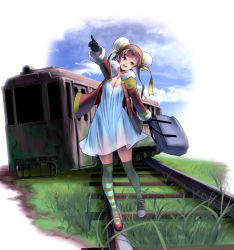 Rule 34 | 1girl, asymmetrical clothes, asymmetrical footwear, bag, black gloves, blue sky, breasts, brown hair, bun cover, cleavage, cloud, day, double bun, dress, full body, gloves, grass, hair bun, highres, jacket, kouno (masao), long sleeves, medium breasts, mismatched footwear, moss, open clothes, open jacket, original, over-kneehighs, pointing, pointing forward, railroad tracks, scenery, sky, smile, solo, striped clothes, striped thighhighs, thighhighs, train, white dress, wreckage, yellow eyes, zettai ryouiki