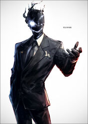 Rule 34 | 1boy, artist name, black gloves, black necktie, black pants, black skin, black suit, black suit (blue archive), blue archive, business suit, collared shirt, colored skin, commentary request, contrapposto, cowboy shot, formal, gloves, glowing, glowing eye, hand in pocket, k-suwabe, lapel pin, lapels, looking at viewer, male focus, necktie, outstretched arm, pants, pocket square, reaching, reaching towards viewer, shirt, simple background, suit, white background