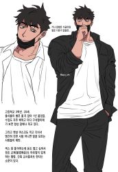 Rule 34 | 1boy, balnom, black mask, blush stickers, casual, collage, collared shirt, dark-skinned male, dark skin, feet out of frame, highres, korean text, looking at viewer, male focus, mask, mouth mask, open clothes, open shirt, original, shirt, short hair, standing, thick eyebrows