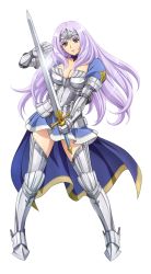 Rule 34 | 10s, 1girl, annelotte, armor, armored dress, blue eyes, boots, breasts, cape, choker, cleavage, contrapposto, eiwa, forehead protector, gauntlets, greaves, highres, large breasts, legs, long hair, official art, pauldrons, purple hair, queen&#039;s blade, queen&#039;s blade lost worlds, queen&#039;s blade rebellion, shoulder armor, skirt, solo, standing, thigh boots, thighhighs, thighs, zettai ryouiki