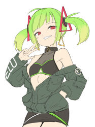 Rule 34 | 1girl, ahoge, armpit peek, black skirt, breasts, clothing cutout, delutaya, diagonal bangs, earrings, fuyouchu, green hair, green jacket, hand in pocket, indie virtual youtuber, jacket, jewelry, looking down, off shoulder, red eyes, skirt, small breasts, smile, solo, triangle earrings, twintails, underboob cutout, v, virtual youtuber, white background