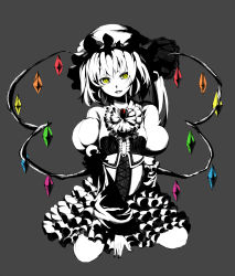 Rule 34 | 1girl, alternate costume, bad id, bad pixiv id, brooch, dress, embodiment of scarlet devil, female focus, flandre scarlet, frilled dress, frills, gathers, hat, hat ribbon, highres, hukuhi, jewelry, lace, monochrome, puffy sleeves, ribbon, short hair, side ponytail, simple background, sitting, solo, spot color, touhou, wings, yellow eyes