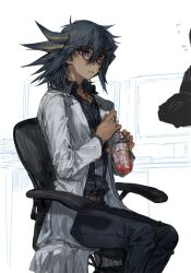 Rule 34 | 1boy, belt, black hair, black pants, blue eyes, bubble tea, chair, dress shirt, drink, fudo yusei, glass, grey shirt, highres, holding, holding drink, indoors, lab coat, lanyard, light smile, looking to the side, male focus, mokopuru, office, on chair, pants, shirt, sitting, white background, yu-gi-oh!, yu-gi-oh! 5d&#039;s