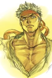 Rule 34 | 1boy, capcom, closed mouth, commentary request, grey eyes, grey hair, headband, hungry clicker, limited palette, looking at viewer, male focus, muscular, open clothes, open shirt, ryu (street fighter), shirt, solo, street fighter, upper body, yellow background