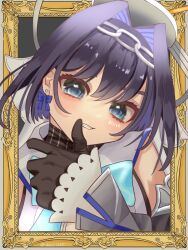 Rule 34 | 1girl, black gloves, blue bow, blue eyes, blue hair, blush, border, bow, chain, chain headband, chajo1225, detached sleeves, eyelashes, gloves, grin, hair intakes, halo, headdress, highres, hololive, hololive english, looking at viewer, mechanical halo, ornate border, ouro kronii, ouro kronii (1st costume), outside border, picture frame, portrait, ribbon earrings, short hair, smile, solo, virtual youtuber, white veil