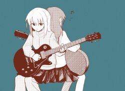 Rule 34 | 2girls, back-to-back, blazer, blue background, bocchi the rock!, closed mouth, commentary, cube hair ornament, electric guitar, feet out of frame, fender (company), gibson les paul, gotoh hitori, guitar, hair between eyes, hair ornament, hair over eyes, highres, holding, holding instrument, instrument, jacket, kita ikuyo, long hair, long sleeves, multiple girls, music, one side up, pants, pants under skirt, pinkroll1280, playing instrument, pleated skirt, sailor collar, school uniform, simple background, sitting, skirt, symbol-only commentary, track jacket, track suit, white sailor collar