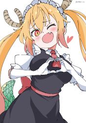Rule 34 | 1girl, absurdres, ascot, black dress, blonde hair, blush, breasts, cowboy shot, dragon girl, dragon horns, dragon tail, dress, elbow gloves, fang, gloves, gradient hair, hair between eyes, heart, heart hands, highres, horns, kobayashi-san chi no maidragon, large breasts, long hair, looking at viewer, maid, maid headdress, multicolored hair, necktie, one eye closed, open mouth, orange eyes, orange hair, pinafore dress, puffy short sleeves, puffy sleeves, red ascot, red eyes, red necktie, scales, shirt, short sleeves, simple background, sleeveless, sleeveless dress, slit pupils, smile, solo, standing, tail, tohru (maidragon), twintails, very long hair, white background, white gloves, white gorilla (okamoto), white shirt