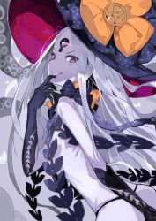 Rule 34 | 1girl, abigail williams (fate), abigail williams (third ascension) (fate), alchemaniac, black hat, black panties, blue skin, colored skin, fate/grand order, fate (series), grin, hat, highres, long hair, looking to the side, panties, parted bangs, purple skin, red eyes, revealing clothes, sharp teeth, smile, solo, teeth, third eye, thong, topless, underwear, very long hair, white hair, witch hat