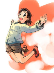 Rule 34 | 1girl, :d, brown eyes, brown hair, ikeda jun (mizutamari), jacket, jumping, looking at viewer, open mouth, original, outstretched arms, red footwear, shoes, short hair, smile, socks, solo, source request, spread arms